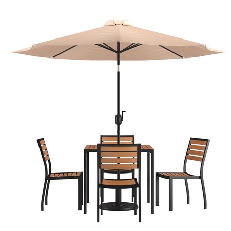 Flash Furniture Faux Teak 35" Table-Tan Umbrella-Base-4 Chairs XU-DG-810060364-UB19BTN-GG